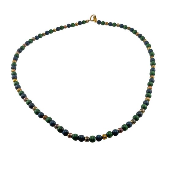 Malachite Azurite Beaded Necklace with Gold Tone Spacer Beads 18 Inch - Picture 1 of 7